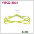 Well-known flocking plastic clothes hanger with notches and bar in yellow green